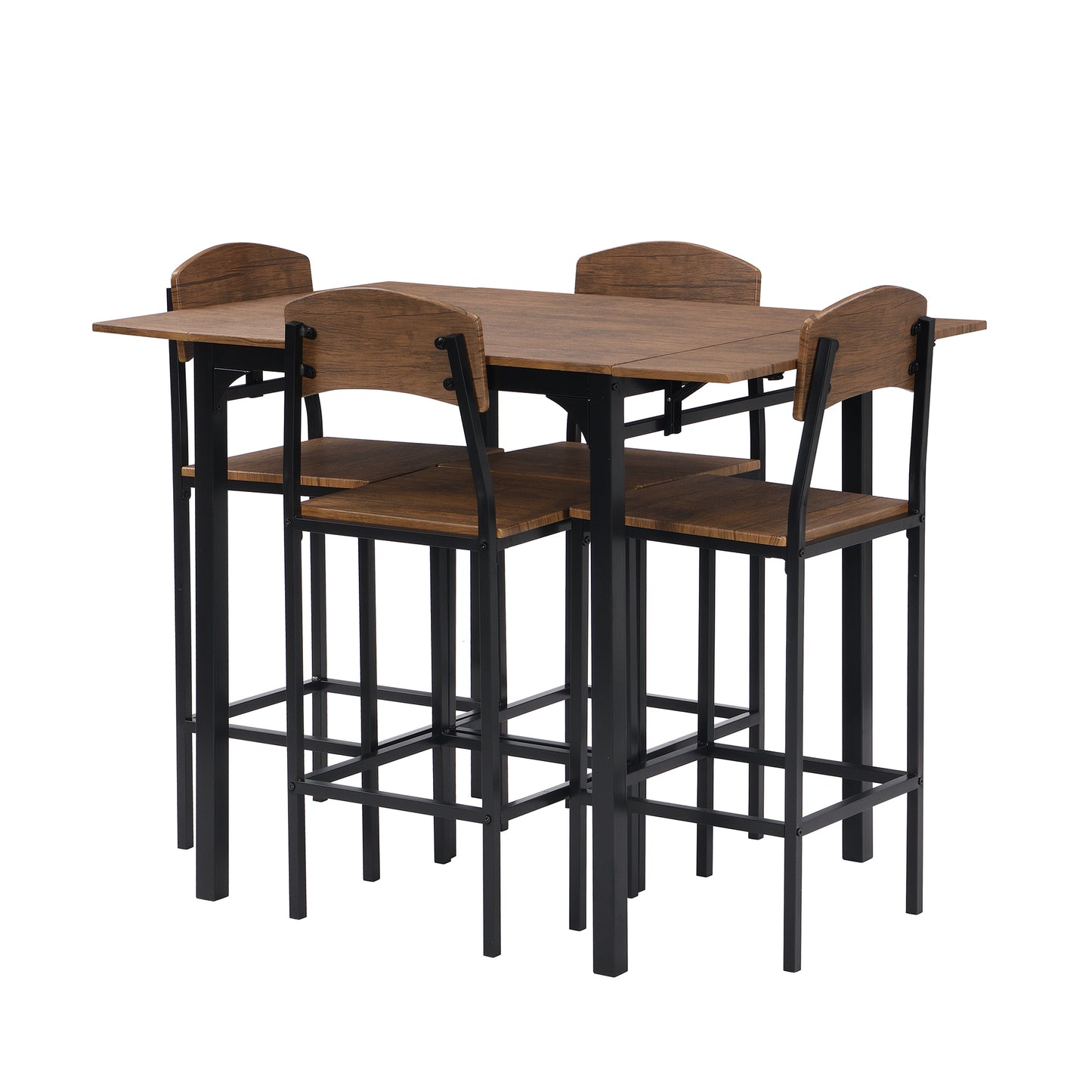Farmhouse 5-piece Counter Height Drop Leaf Dining Table Set with Dining Chairs for 4, Black Frame+Brown Tabletop