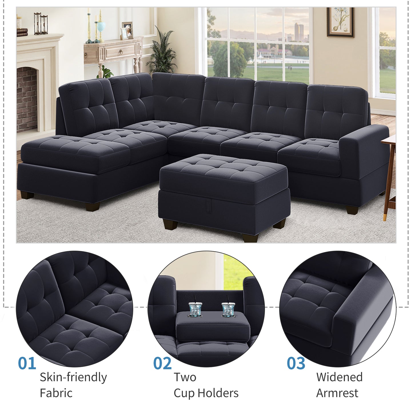 Modern Sectional Sofa with Reversible Chaise, L Shaped Couch Set with Storage Ottoman and Two Cup Holders for Living Room