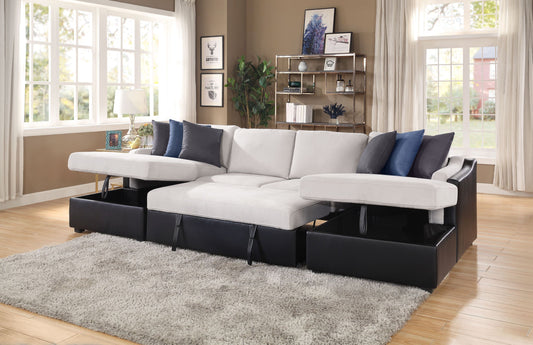 Merill Sectional Sofa w/Sleeper, Beige Fabric & Black PU
