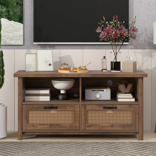 TV Stand, Two doors of TV cabinet, used for TV cabinet with a maximum size of 55 inches, rattan cabinet door, slide rail design, modern TV cabinet, yellow