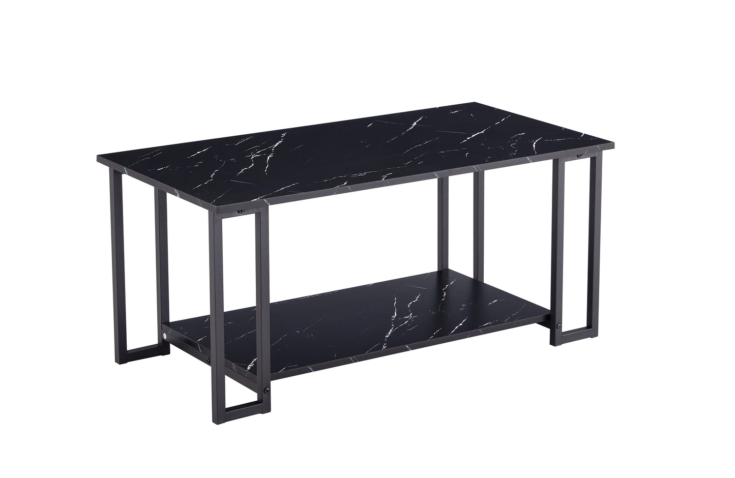 Coffee Table, 2 Layers 1.5cm Thick Marble MDF Rectangle 39.37" L Tabletop Iron Coffee Table, Dining Room, black Top, black Leg