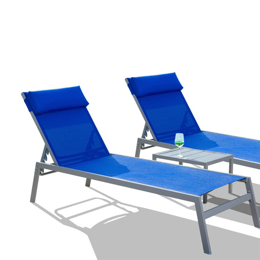 Patio Chaise Lounge Set, 3 Pieces Adjustable Backrest Pool Lounge Chairs Steel Textilene Sunbathing Recliner with Headrest (Blue.2 Lounge Chairs+1 Table)