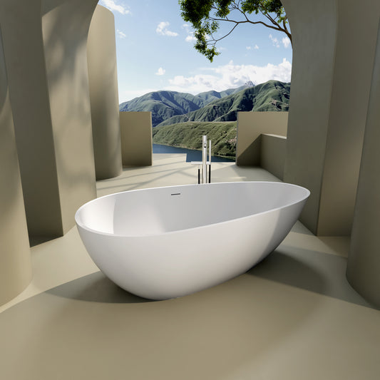 Contemporary Stone Resin Flatbottom Freestanding Soaking Bathtub with Overflow in Matte White, cUPC Certified - 66.88x33.5 22S02-67