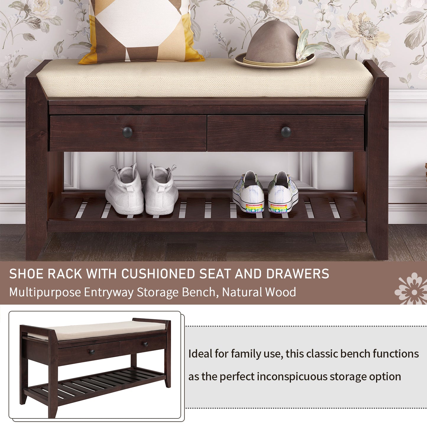 Shoe Rack with Cushioned Seat and Drawers, Multipurpose Entryway Storage Bench (Espresso)