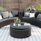 6 Pieces Outdoor Sectional Half Round Patio Rattan Sofa Set, PE Wicker Conversation Furniture Set w/ One Storage Side Table for Umbrella and One Multifunctional Round Table, Brown+ Gray