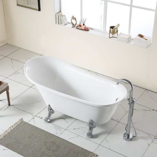 67" L x 31.5"W Acrylic Art Freestanding Alone White Soaking Bathtub with Brushed Nickel Overflow and Pop-up Drain