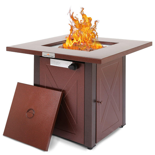 28" 50000 BTU Outdoor Propane Gas Fire Pits Table, Square Brown Texture Outdside Patio Firepits Fireplace Dining Coffee Tables with Lid & Lava Rock, ETL-Certified, Fit for Courtyard, Patio, Balcony