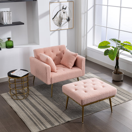 36.61" Wide Modern Accent Chair With 3 Positions Adjustable Backrest, Tufted Chaise Lounge Chair, Single Recliner Armchair With Ottoman And Gold Legs For Living Room, Bedroom (Pink)
