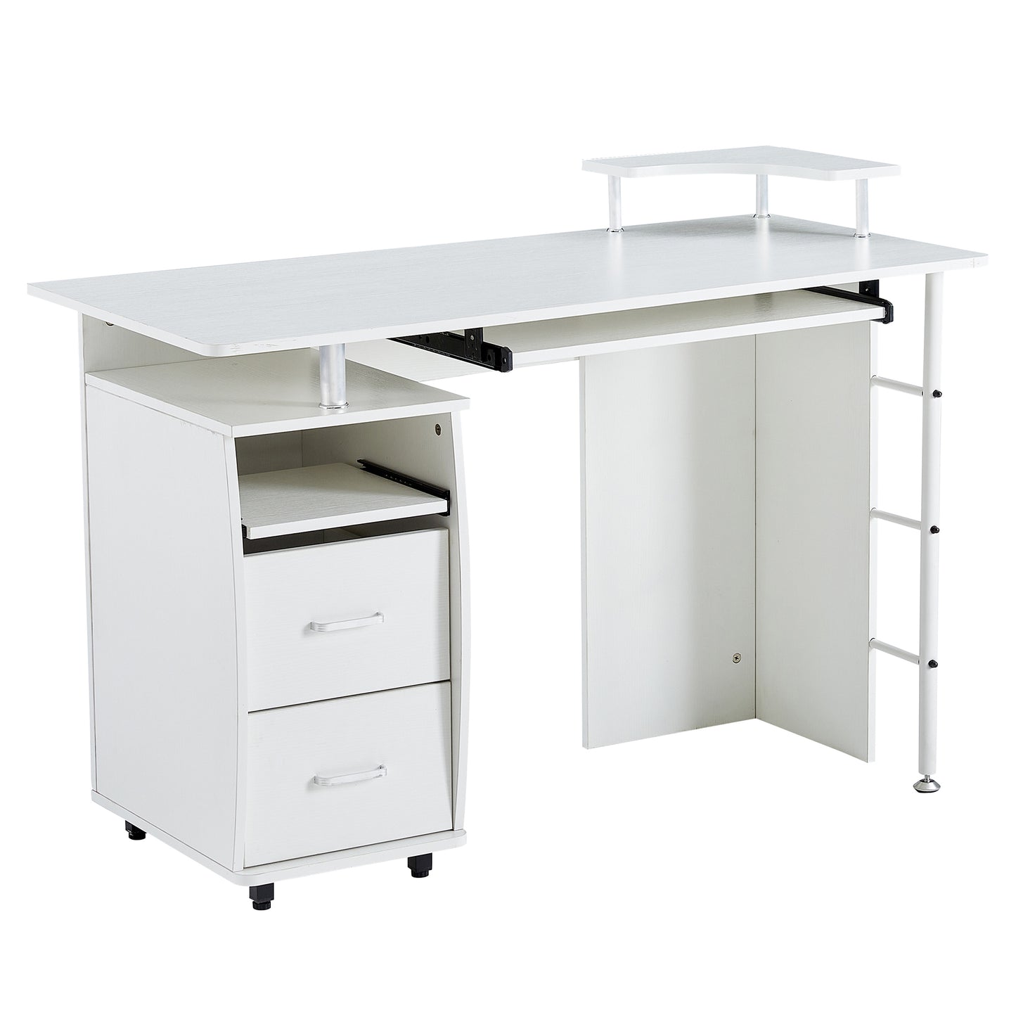 solid wood computer Desk, office table with PC droller, storage shelves and file cabinet, two drawers, CPU tray, a shelf used for planting, single, white,