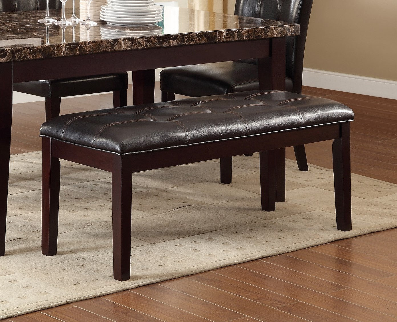 Espresso Finish 1pc Dining Bench Faux Leather Upholstered Button-Tufted Top Seat Transitional Dining Room Furniture