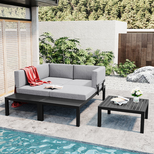 Outdoor 3-piece Aluminum Alloy Sectional Sofa Set with End Table and Coffee Table, Black Frame+Gray Cushion