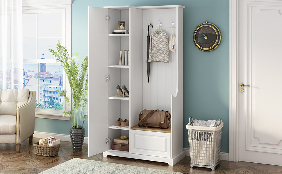 Stylish Design Hall Tree with Flip-Up Bench, Minimalist Hallway Shoe Cabinet with Adjustable Shelves, Multifunctional Furniture with Hanging Hooks for Entryways, Mudroom, White