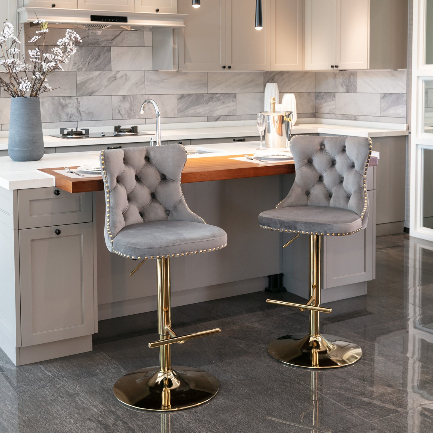 Golden Swivel Velvet Barstools Adjusatble Seat Height from 25-33 Inch, Modern Upholstered Bar Stools with Backs Comfortable Tufted for Home Pub and Kitchen IslandGray, Set of 2)