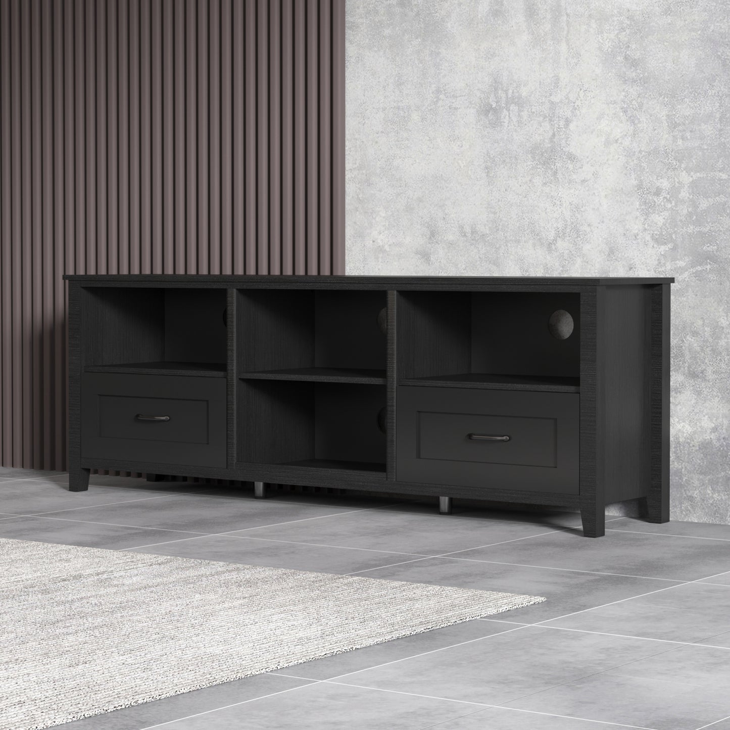 70.08 Inch Length Black TV Stand for Living Room and Bedroom, with 2 Drawers and 4 High-Capacity Storage Compartment.