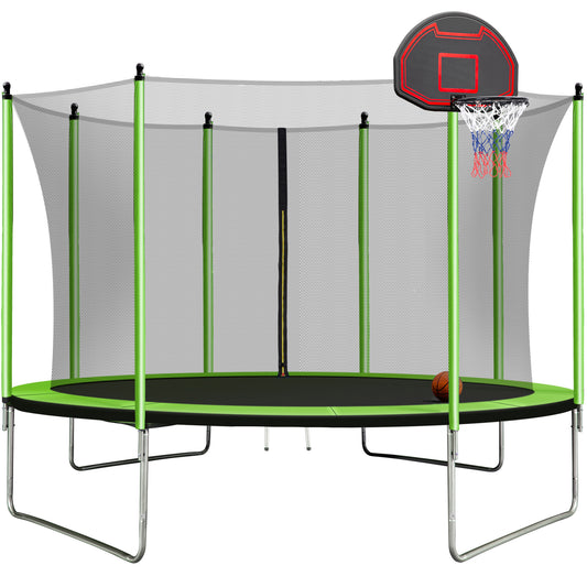 10FT Trampoline with Basketball Hoop Inflator and Ladder (Inner Safety Enclosure) Green