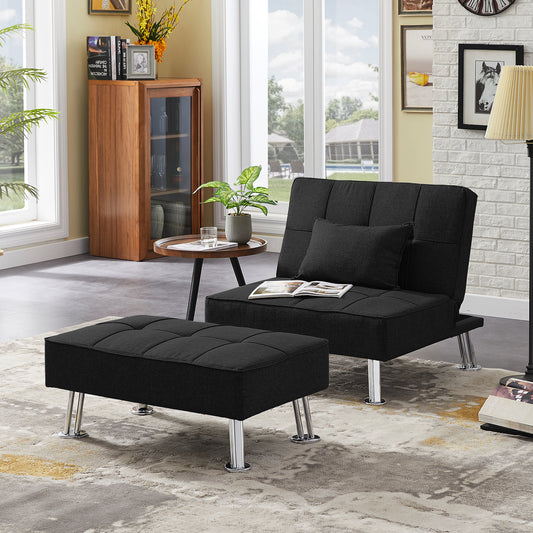Modern Fabric Single Sofa Bed with Ottoman, Convertible Folding Futon Chair, Lounge Chair Set with Metal Legs .
