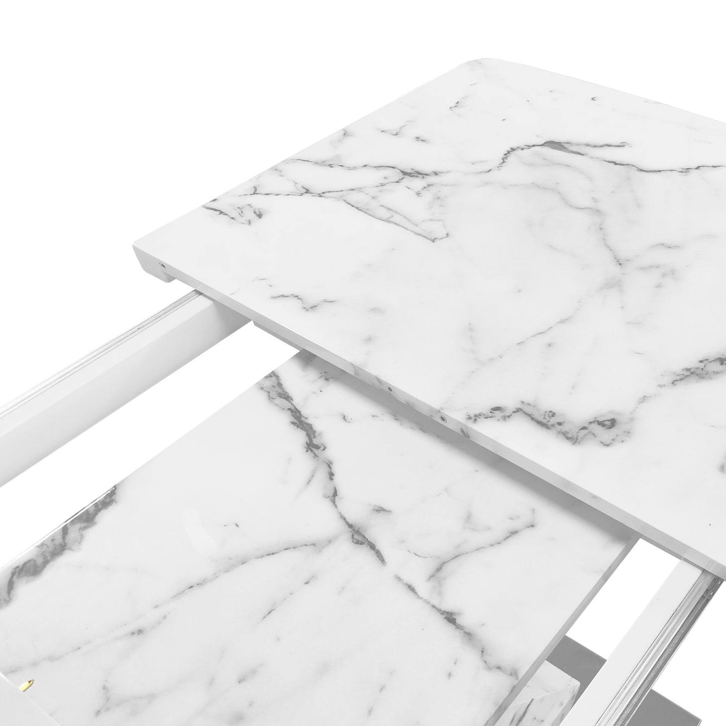 Modern Square Dining Table, Stretchable, white Marble Table Top+MDF X-Shape Table Leg with Metal Base