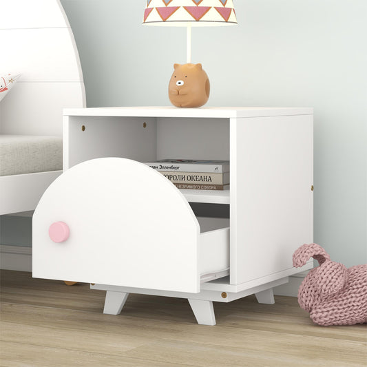Wooden Nightstand with a Drawer and an Open Storage, End Table for Bedroom, White+Pink