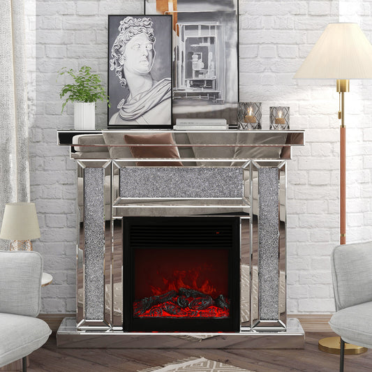 W 47 inch  X D 12.6 inch X H 41.7 inch  Acrylic diamond mirror mantelpiece, separate mantelpiece  Built-in filling: acrylic high imitation drill, 1500 W electric heating furnace
