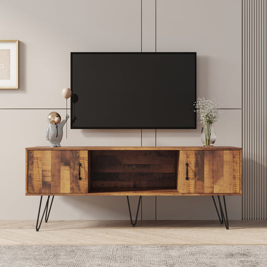 TV Media Stand, 60 inch Wide, Modern Industrial, Living Room Entertainment Center, Storage Shelves and Cabinets, for Flat Screen TVs up to 65 inches in Natural