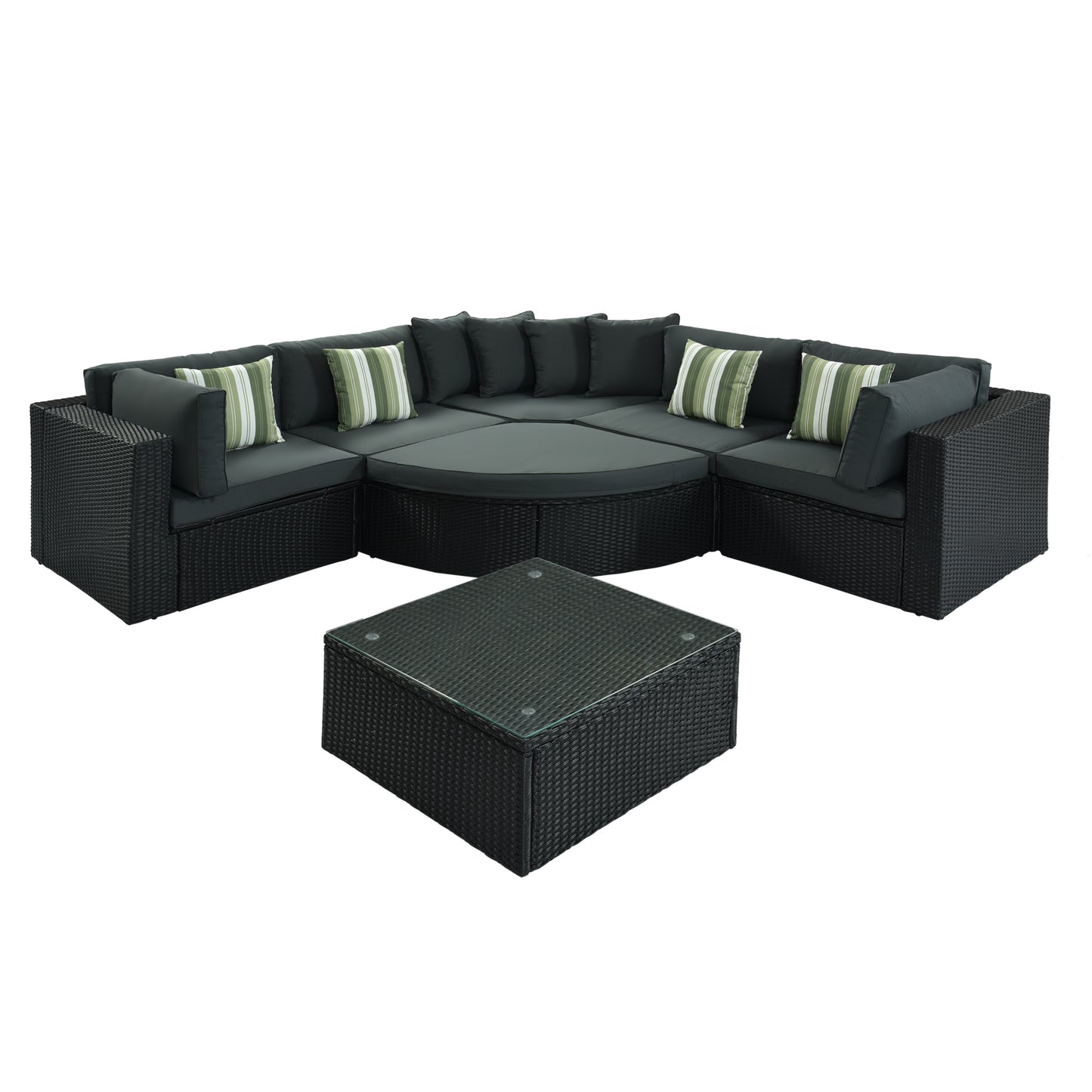 7-piece Outdoor Wicker Sofa Set, Rattan Sofa Lounger, With Striped Green Pillows, Conversation Sofa, For Patio, Garden, Deck, Black Wicker, Gray Cushion