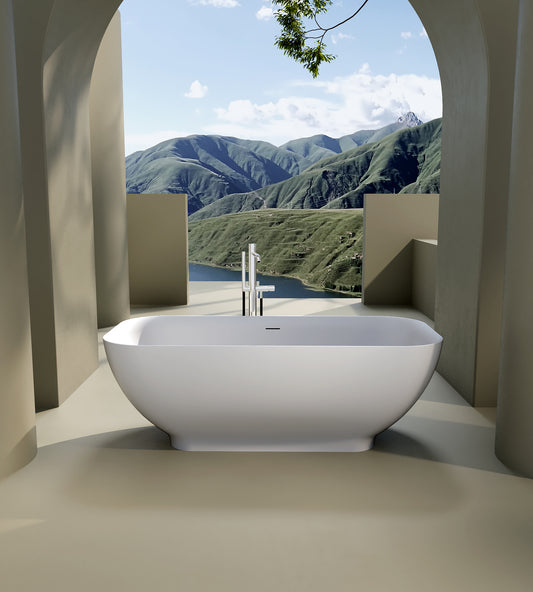 Luxury Solid Surface Freestanding Soaking Bathtub with Overflow and Drain in Matte White, cUPC Certified - 67x29.5 22S04-67