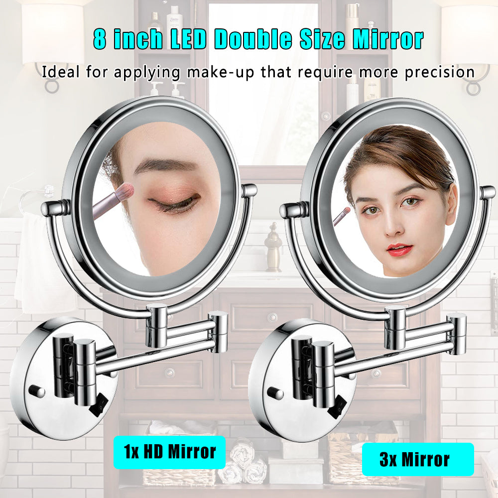8 Inch LED Wall Mount Two-Sided Magnifying Makeup Vanity Mirror 12 Inch Extension Chrome Finish 1X/3X Magnification Plug 360 Degree Rotation Waterproof Button Shaving Mirror