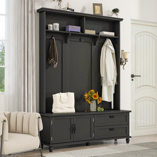 ON-TREND Modern Style Hall Tree with Storage Cabinet and 2 Large Drawers, Widen Mudroom Bench with 5 Coat Hooks, Black