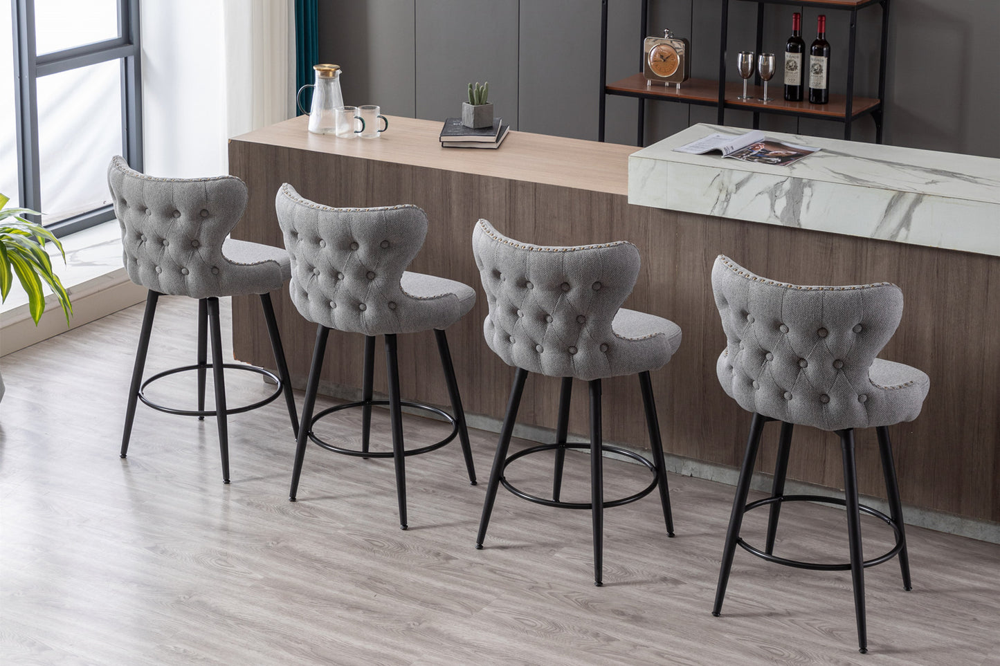 Counter Height 25" Modern Linen Fabric Counter Chairs, 180 degree Swivel Bar Stool Chair for Kitchen, Tufted Cupreous Nailhead Trim Burlap Bar Stools with Metal Legs, Set of 2 (Gray)