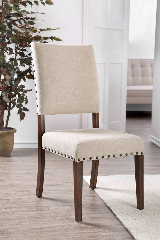 Classic Contemporary Set of 2 Dining Chairs Ivory Fabric Padded Linen Chairs Upholstered Cushion Side Chairs Nailhead Trim Kitchen Dining Room Solid wood Brown Cherry