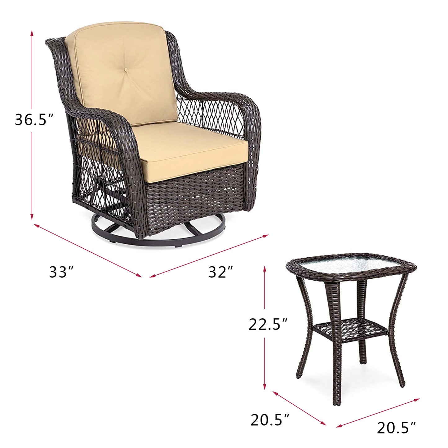 Outdoor Bistro Set 3 Pieces, Outdoor Resin Wicker Swivel Rocker Patio Chair, 360-Degree Swivel Rocking Chairs and Tempered Glass Top Side Coffee Table, Outdoor Rattan Conversation Sets (Khaki)