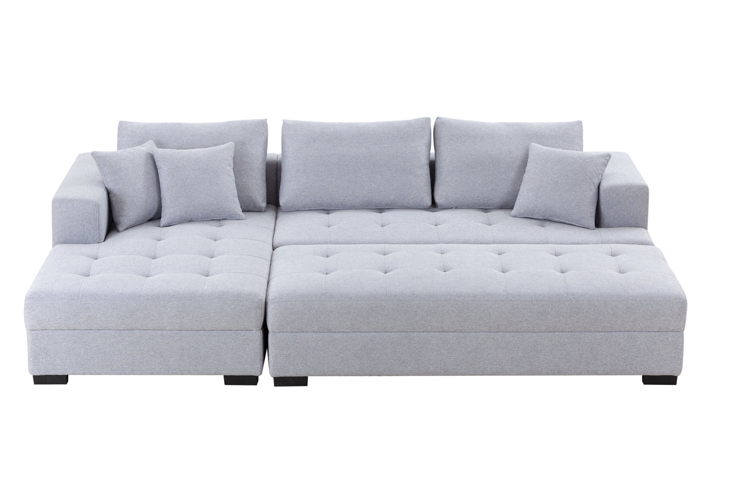 Tufted Fabric 3-Seat L-Shape Sectional Sofa Couch Set w/Chaise Lounge, Ottoman Coffee Table Bench, Light Grey