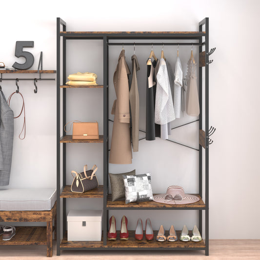 Free-Standing Closet Organizer with Storage Box & Side Hook, Portable Garment Rack with 6 Shelves and Hanging Rod, Black Metal Frame&Rustic Board Finish, Hanging Closet Shelves (Rustic Brown).