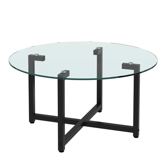 Round Transparent Glass+Black Leg Coffee Table, Clear Coffee Table, Modern Side Center Tables for Living Room, Living Room Furniture