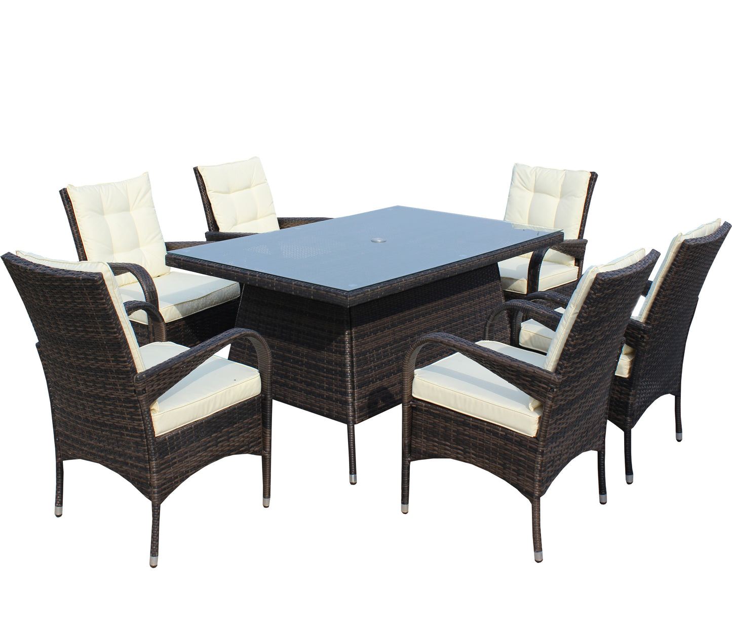 Patio 7-Piece Rectangular Dining Set with 6 Dining Chairs (Brown &Beige Cushion)