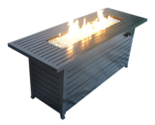 57in Outdoor Gas Propane Fire Pits Table, Aluminum, 50000BTU Firepit Fireplace Dining Table with Lid, Fire Glass, Retangular, ETL Certification, for Garden Backyard Deck Patio-hammered black