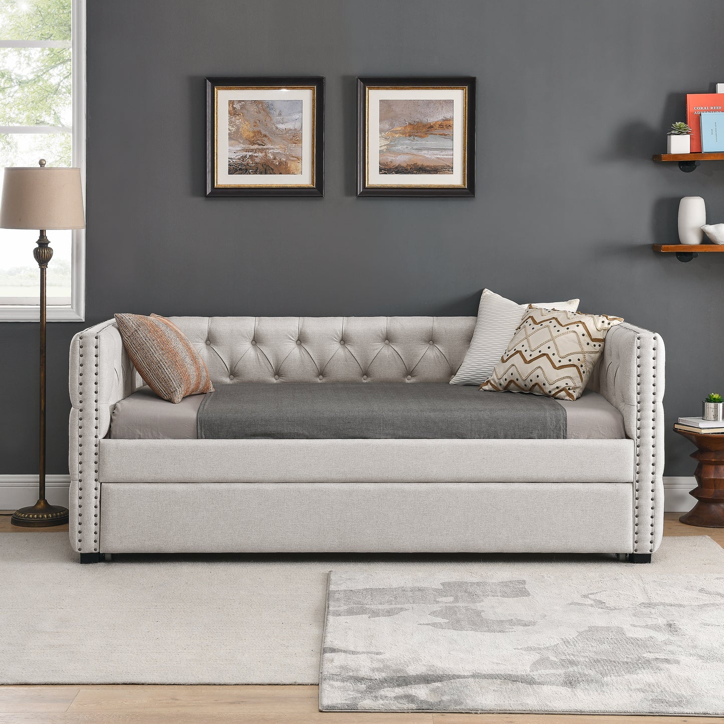 Daybed with Trundle Upholstered Tufted Sofa Bed, with Button and Copper Nail on Square Armsoth Twin Size, Beige5"42.5"31.5"