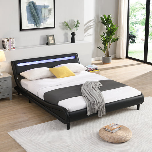 Modern Upholstered Platform Bed Frame with LED Lights Headboard, Faux Leather Wave-Like Bed Frame, Strong Wood Slats Support, Easy Assembly, Black, Queen Size