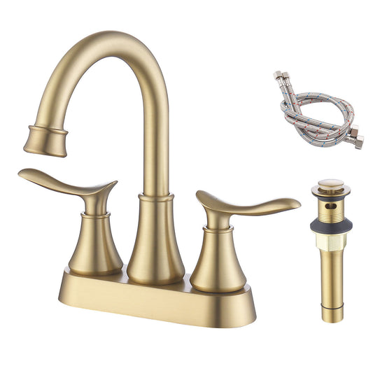 Bathroom Faucet Brushed Gold with Pop-up Drain & Supply Hoses 2-Handle 360 Degree High Arc Swivel Spout Centerset 6 Inch Vanity Sink Faucet