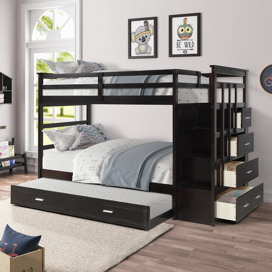 Solid Wood Bunk Bed, Hardwood Twin Over Twin Bunk Bed with Trundle and Staircase, Natural Espresso Finish