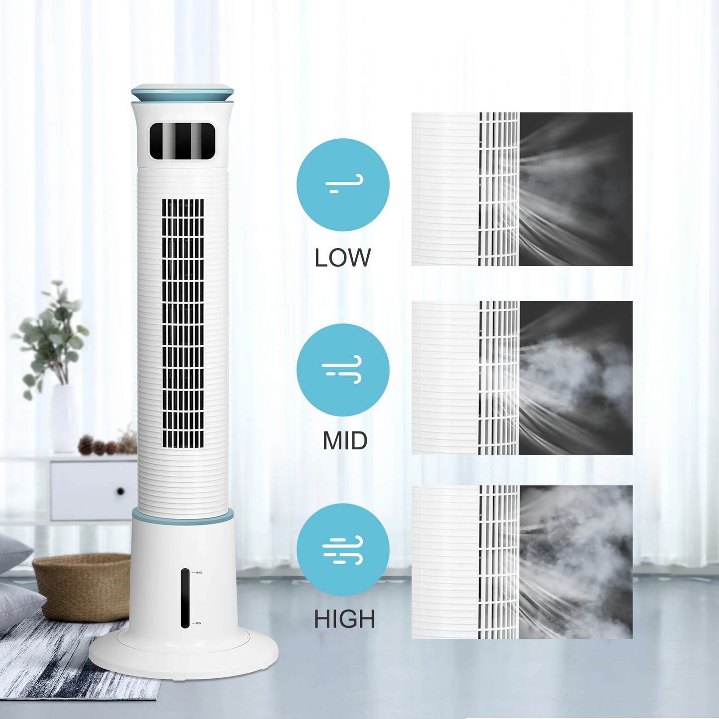Mist Tower Fan, 12 Speeds & 3 Modes Settings Standing Fan, 15 Hour Timing Closure Cooling Fan, Low Noise, 43 Inches, White