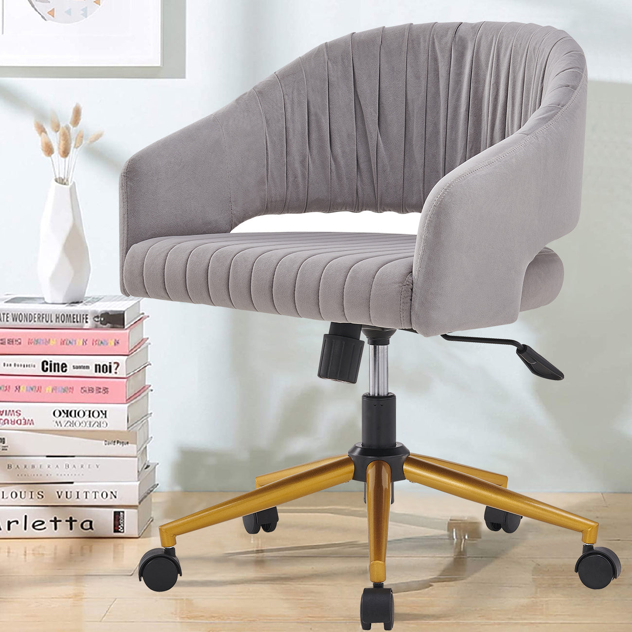 Modern swivel high quality velvet office desk chair grey color in gold metal luxury height adjustable computer chair living room chair