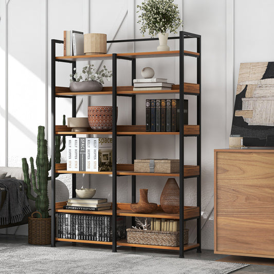 70.8 Inch Tall Bookshelf MDF Boards Stainless Steel Frame, 6-tier Shelves with Back&Side Panel, Adjustable Foot Pads, Brown
