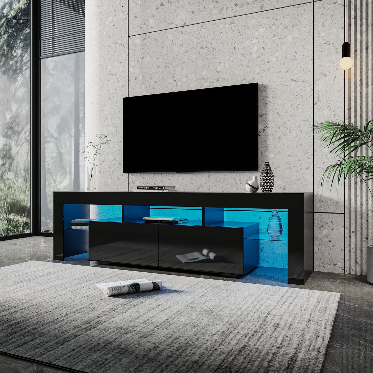 Modern gloss black TV Stand for 80 inch TV, 20 Colors LED TV Stand w/Remote Control Lights