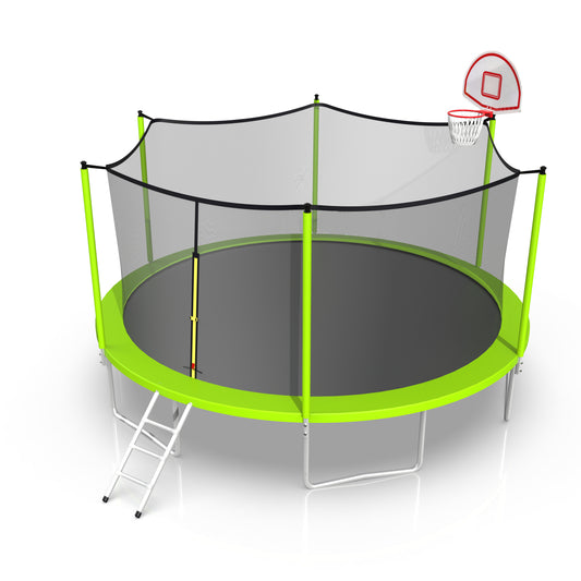 16ft Trampoline with Enclosure, New Upgraded Kids Outdoor Trampoline with Basketball Hoop and Ladder, Heavy-Duty Round Trampoline, Green