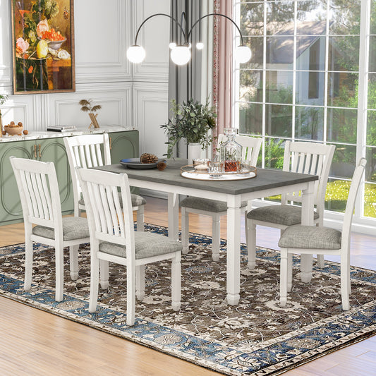 7-Piece Dining Table Set Wood Dining Table and 6 Upholstered Chairs with Shaped Legs for Dining Room/Living Room Furniture (Gray+White)