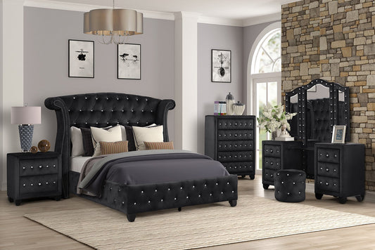 Sophia Queen 4 Pc Vanity Upholstery Bedroom Set Made With Wood in Black