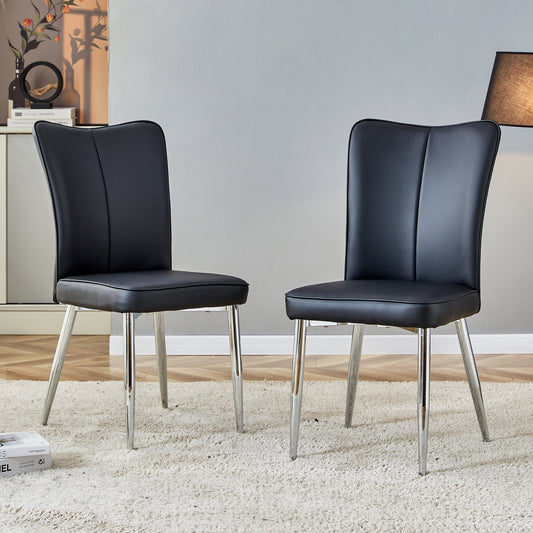 Modern minimalist dining chairs, black PU leather curved backrest and cushion, black metal semi matte chair legs, suitable for restaurants, bedrooms, and living rooms. A set of 2 chairs.008