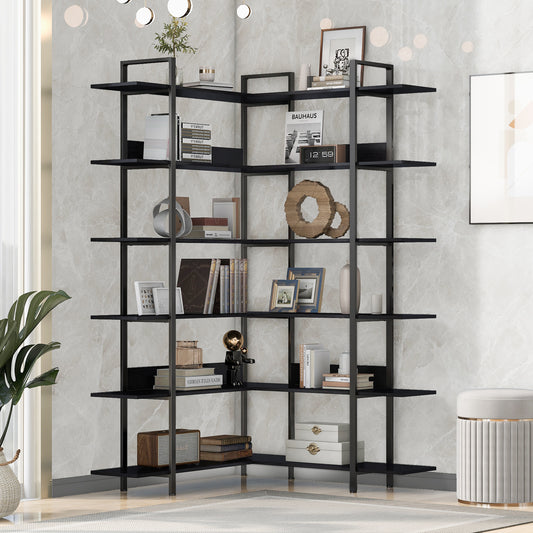 74.8 Inch Bookshelf L-shape MDF Boards Stainless Steel Frame Corner 6-tier Shelves Adjustable Foot Pads, Black