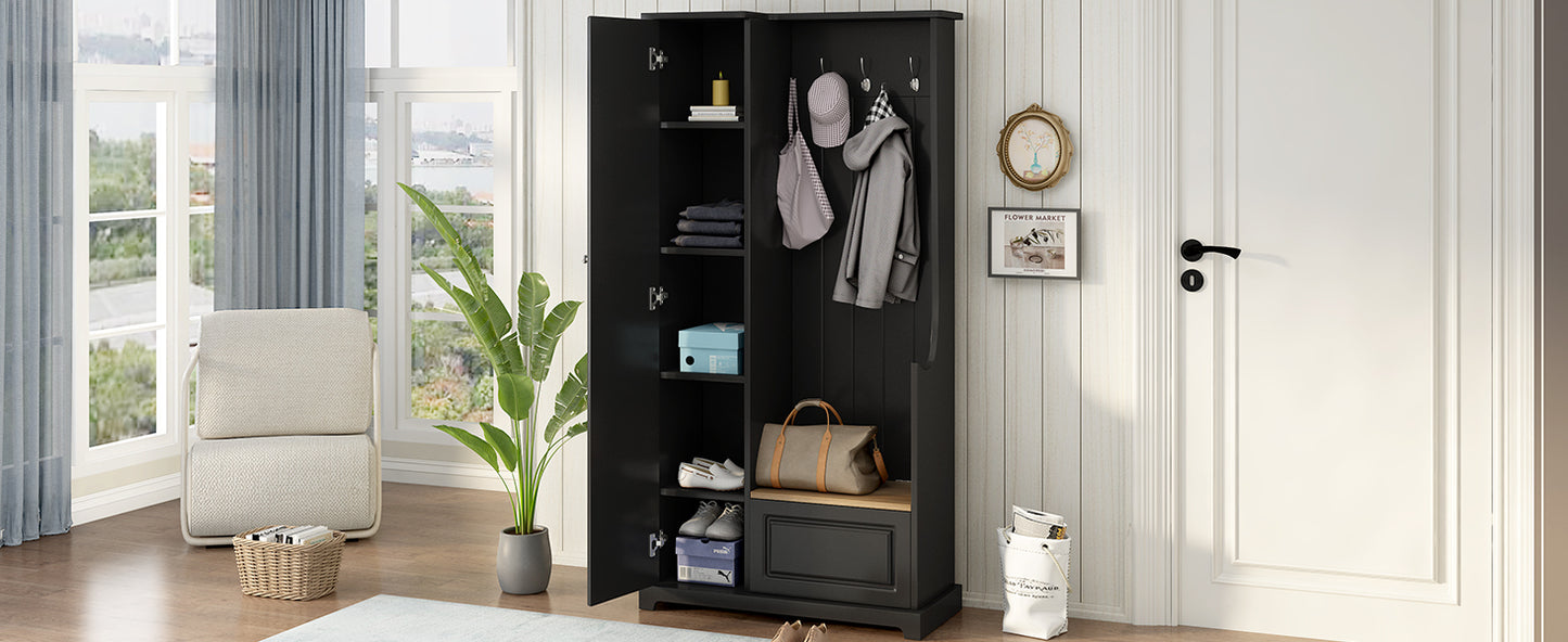 Stylish Design Hall Tree with Flip-Up Bench, Minimalist Hallway Shoe Cabinet with Adjustable Shelves, Multifunctional Furniture with Hanging Hooks for Entryways, Mudroom, Black